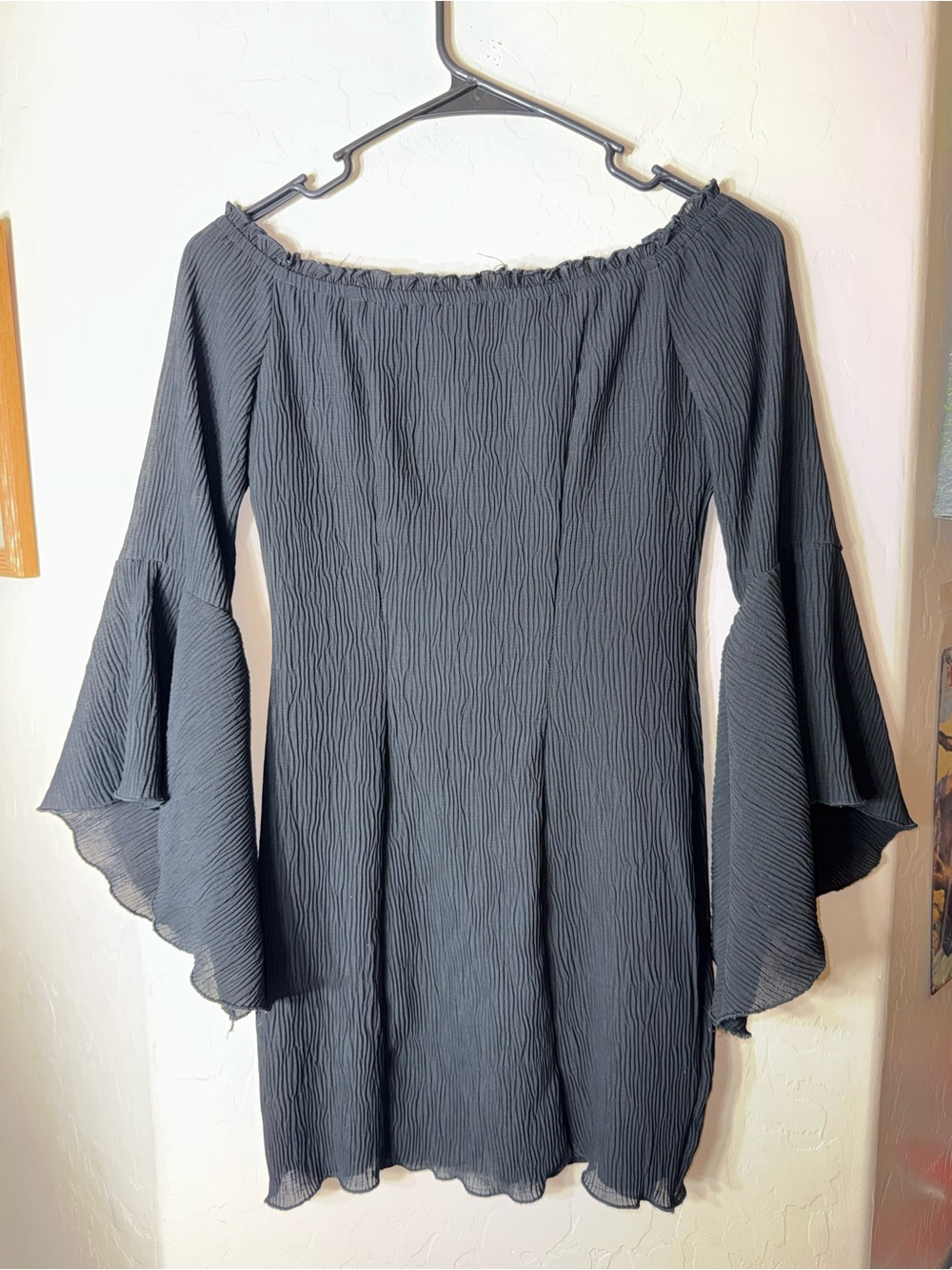 Dance & Marvel Black Off Shoulder Bell Sleeve Textured Boho Mini Dress Medium